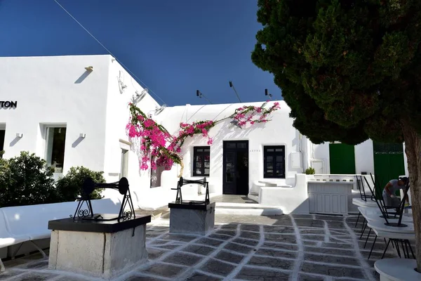 Mykonos Görögország Július 2018 Bougainvillea Fehér Házak Mikonosz — Stock Fotó