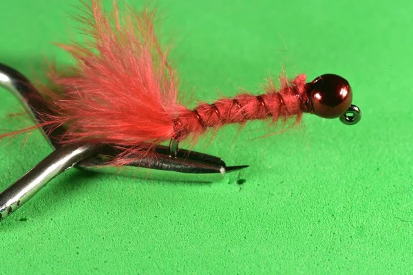 Red bloodworm pstrąg latać imitacja — Zdjęcie stockowe