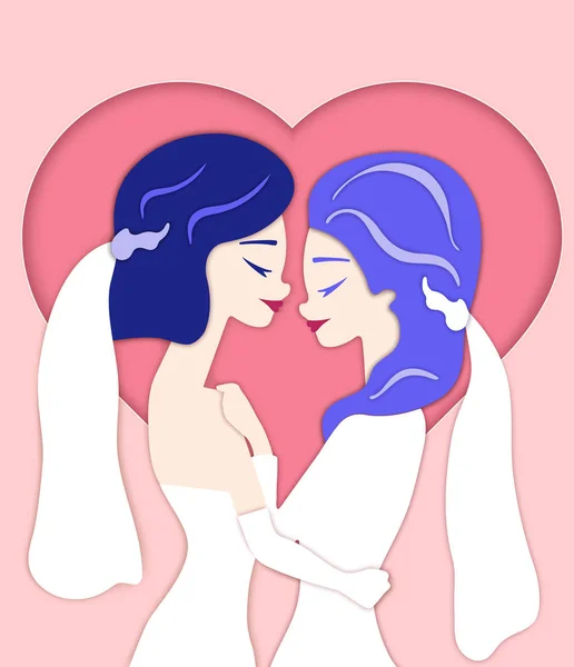 Same sex couple of two beautiful young papercut brides — Stock Vector