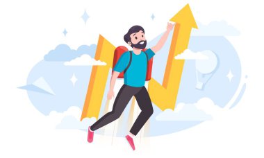 İş icatlarının metaforu olarak jetpack kullanan genç bir adam.