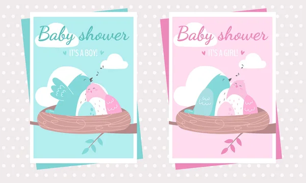 Baby shower party postcard templates with the birds, expecting a baby