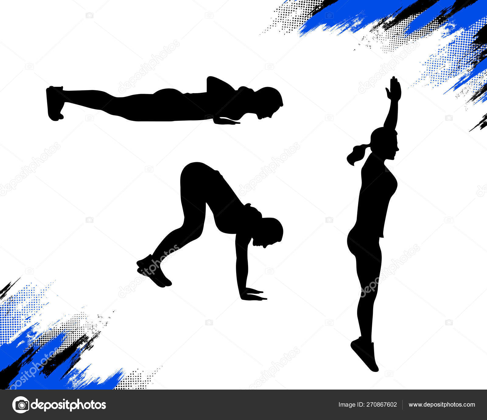 버피 크로스 핏 운동을하는 여성의 실루엣 스톡 벡터 - ©webkpd 270867602, image size:1600x1380