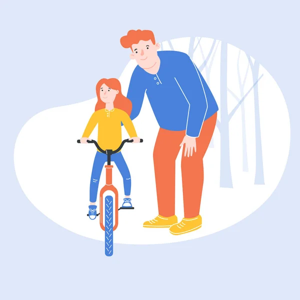 Colorful illustration, on which the father is learning his daughter riding a bicycle — Stock Vector