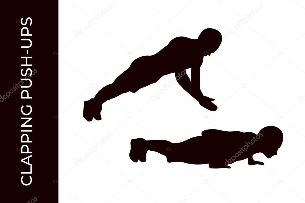 Male silhouette doing calisthenics clapping push-ups exercise