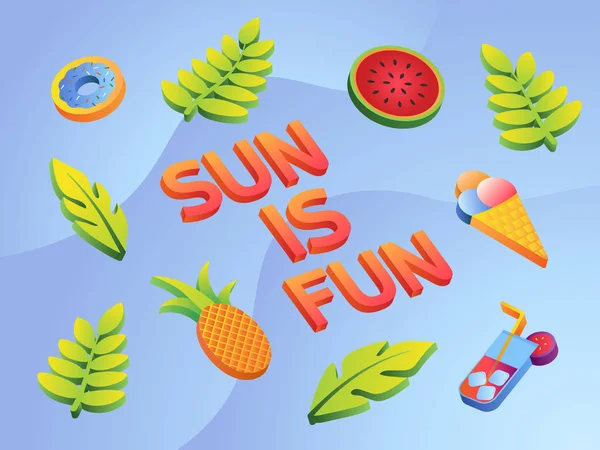 Kleurrijke zomer icons set met bladeren, watermeloen, cocktail, ananas en donut — Stockvector