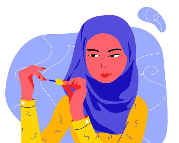 Junge muslimische Frau lackiert ihre Nägel Netz — Stockvektor