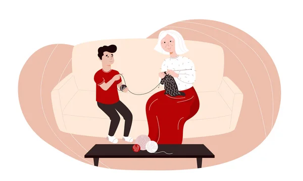 Colorida ilustración vectorial con una abuela tejiendo y su nieto — Vector de stock