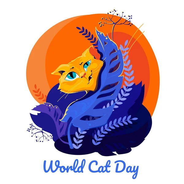 World Cat Day vector illustration with reckles red can in bushes — Stok Vektör