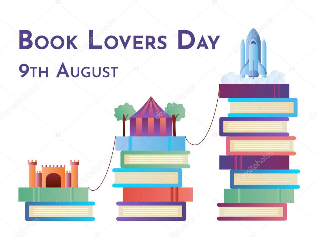 Book Lovers Day colorful vector illustration with imaginary worlds