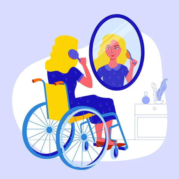 Hermosa chica en silla de ruedas peinándose el pelo delante de un espejo . — Vector de stock