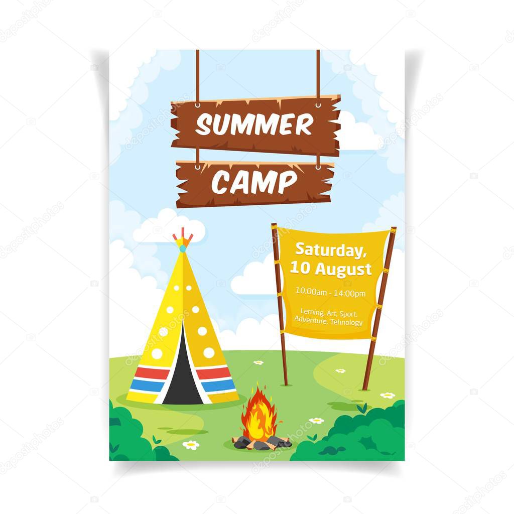 Summer camp colorful vector poster template for web.