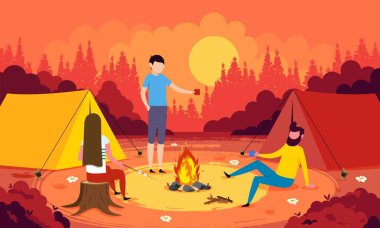 Marshmallow kavurma insanlar ile kamp konsepti renkli vektör illüstrasyon