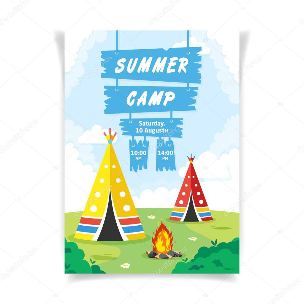 Summer camp colorful vector flyer template for web.