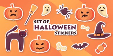 Yarasalar, hayaletler, örümcekler ve kabaklar ile Halloween çıkartmalar şablonu.