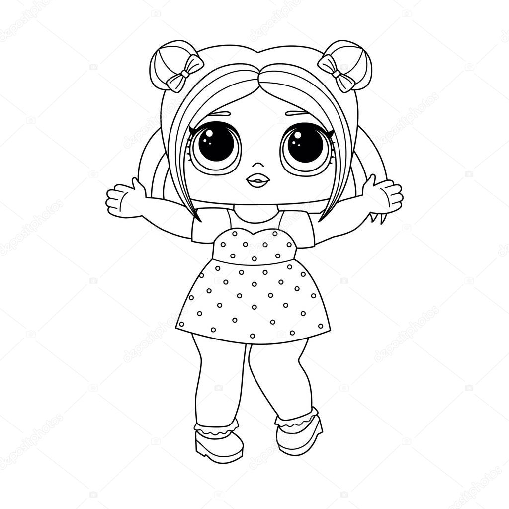 Cute little doll with funny hair buns and a dress.