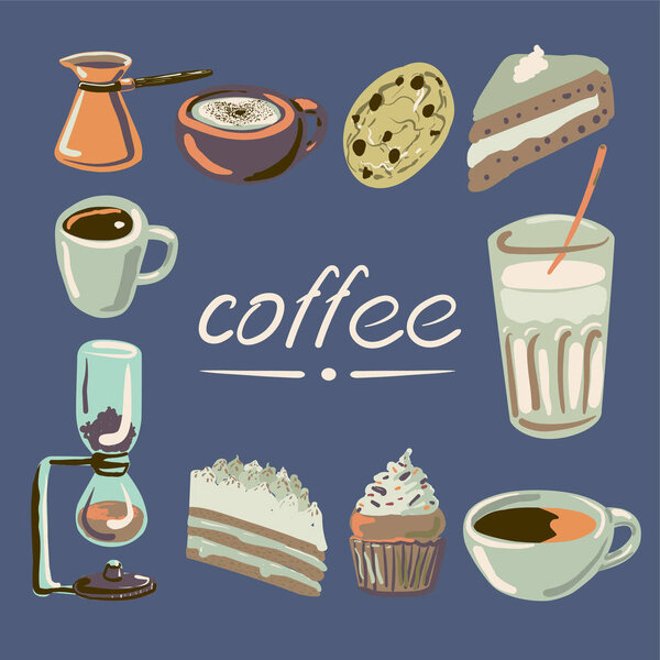 Colorful hand-drawn vector cozy coffee shop set.