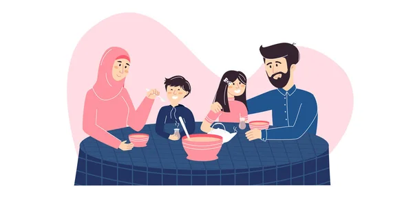 Família muçulmana está desfrutando de sua refeição tradicional e companhia . —  Vetores de Stock