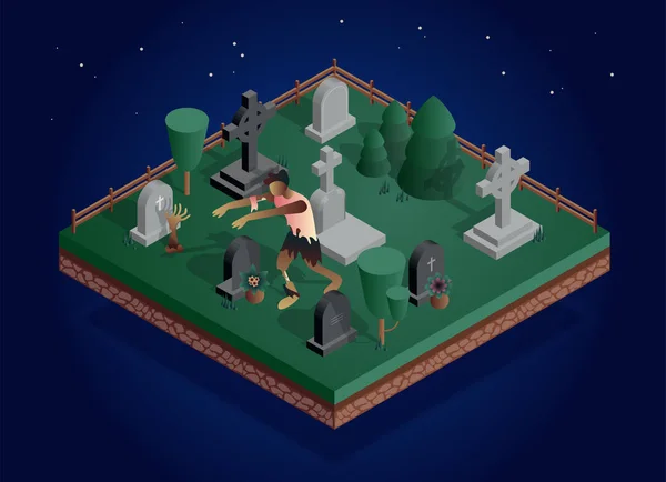 Ізометричне векторне нічне кладовище з зомбі . — стоковий вектор
