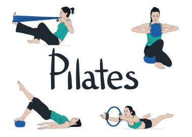 Beyaz üzerinde izole edilmiş pilates yaparken egzersiz ve esneme yapan bir grup kadın..