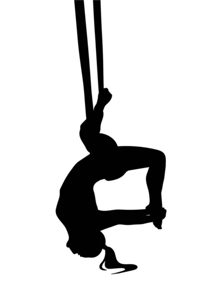 Postura del yoga de la mosca con la hamaca aérea de la seda. Oscuro vector sillhoeuette . — Archivo Imágenes Vectoriales