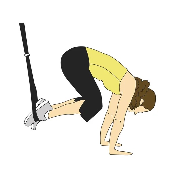 女子用一根绳子隔离在雪白的地方进行屈膝运动的侧视图. — 图库矢量图片
