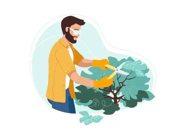 Homme coupant des buissons sur son arrière-cour dans des gants et des lunettes de protection. Jardinage en plein air passe-temps ou profession . — Image vectorielle