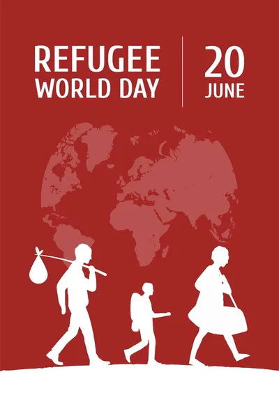 Día Mundial del Refugiado el 20 de junio plantilla de póster vertical. Mapa del globo, familia del hombre, mujer y niño abandonando la patria . — Vector de stock