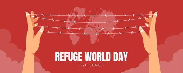 Světový den uprchlíků 20. června horizontální transparentní šablona se Zemí za ostnatým drátem nataženým mezi lidskýma rukama jako symbol nucené nelegální migrace. Podpora vysídlených osob. — Stockový vektor