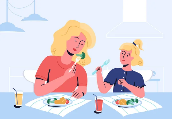 Moeder en dochter die hun maaltijd verrijken, bestaande uit tomaten, bloccoli, aardappelpuree. — Stockvector