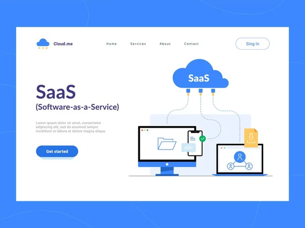 SaaS ou Logiciel en tant que Page d'accueil du Service premier écran. Accès en ligne à distance au schéma de services d'applications cloud . — Image vectorielle