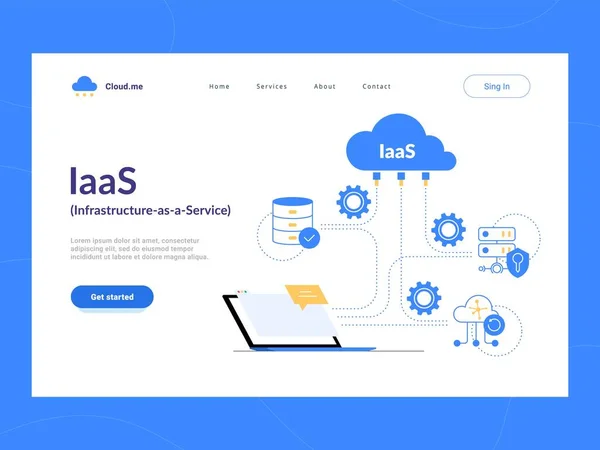 IaaS: Infrastructure as a Service first screen. Flexibles Cloud Computing Modell. Virtuelle Rechenzentrumsressourcen nach Bedarf. — Stockvektor