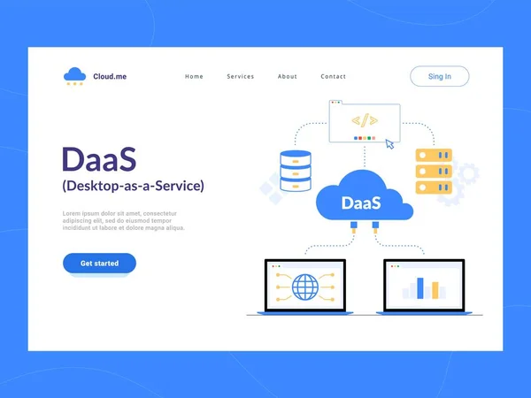 DaaS: Desktop als Service-Zielseite erster Bildschirm. Virtual Desktop oder Desktop Virtualization Cloud Computing Schema. — Stockvektor