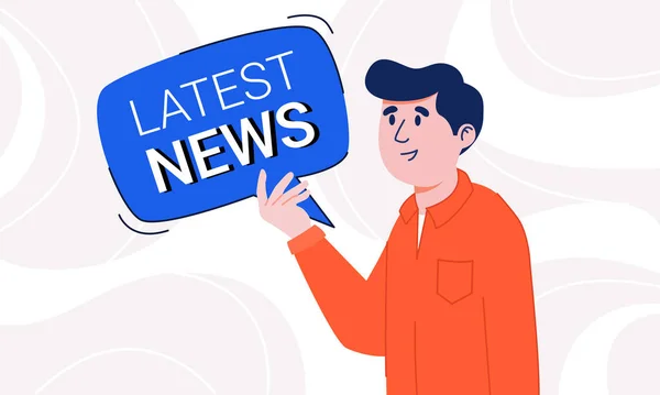 Young man with light smile in casual shirt holding latest news speech bubble in his hands. Guy attracting attention to new information — Stock Vector