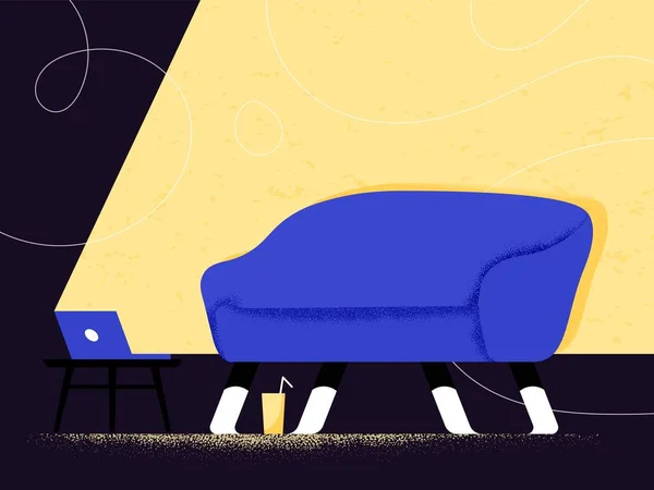 蓝色沙发在温暖的灯光下 从笔记本电脑播放电影或视频作为被动休息和周末寒意的概念 自由的社会规则待在家里 安慰和信心 平静的气氛 — 图库矢量图片
