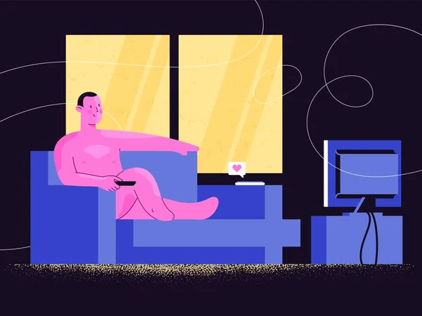 Hombre Desnudo Viendo Programas Televisión Videos Línea Sofá Relajarse Casa — Vector de stock