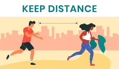 Female and male runners, keeping the distance as a preventive measure in coronavirus pandemic. Modern wristlet wireless device, tracking distance walked and speed, heartbeat, water balance, weight. clipart