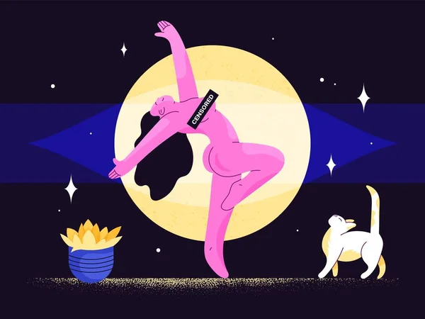 Γυμνή Γυναίκα Λογοκριμένη Πινακίδα Στο Στήθος Της Χορεύει Κοντά Γάτα — Διανυσματικό Αρχείο