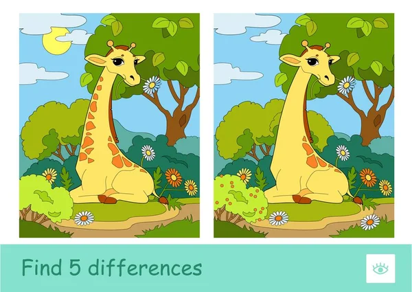 Найти Пять Отличий Викторины Детей Игры Изображением Жирафа Едят Цветок — стоковый вектор