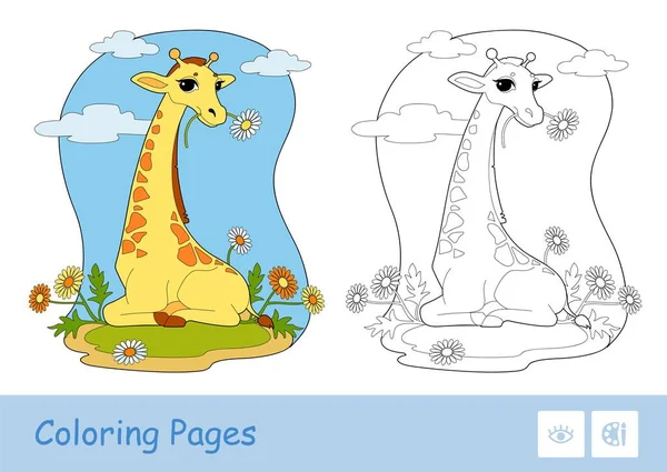 Gabarit Vectoriel Coloré Illustration Contour Incolore Une Girafe Mangeant Une — Image vectorielle