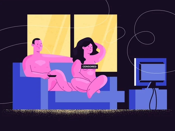 Homme Femme Nus Regardant Émission Télévision Streaming Vidéo Ligne Sur — Image vectorielle