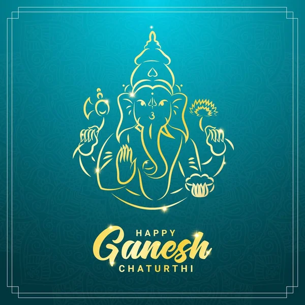 Ganesh chaturthi або Vinayaka Chaturthi Hindu фестиваль в честь прибуття Ganesha на землю квадратний прапор шаблон. Золотий контур зображення Ганеші з головою слона і мандала орнамент.. — стоковий вектор