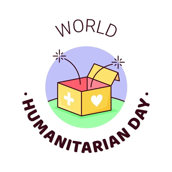 Παγκόσμια Ανθρωπιστική Ημέρα -19 Αυγούστου - πρότυπο banner. Ανοίξτε το κουτί ανθρωπιστικής βοήθειας με αστράφτει, σταυρό και τα σημάδια της καρδιάς στις πλευρές. Αναγνώριση ανθρώπων που εργάζονται και έχασαν τη ζωή τους ανθρωπιστικοί σκοποί. — Διανυσματικό Αρχείο