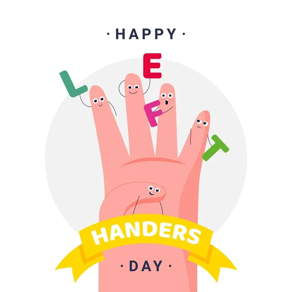 Happy International Left Handers Day - 13 de agosto - modelo de banner quadrado. Palma esquerda, dedos com rostos pequenos carregando as letras e slogan. A celebrar a sinistralidade. Ser canhoto — Vetor de Stock