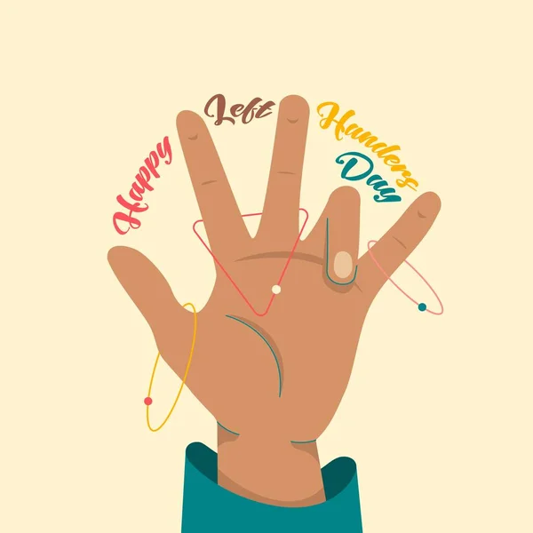 Happy International Left Handers Day - 13 de agosto - modelo de banner quadrado. Palma esquerda, slogan entre os dedos e órbitas semelhantes a planetas. Celebrar a sinistralidade . — Vetor de Stock