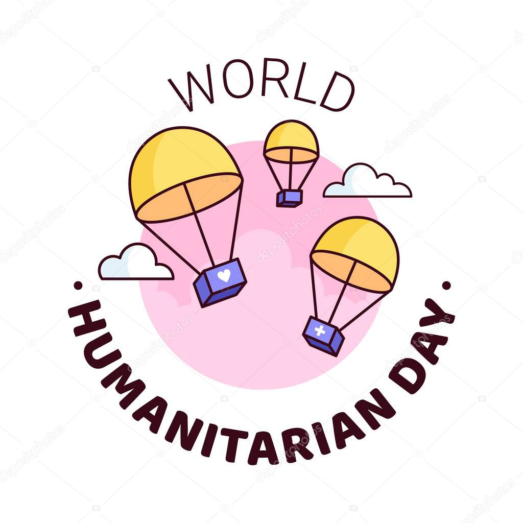 World Humanitarian Day - 19 August - square banner template. Parachutes delivering boxes with humanitarian help through clouds. Recognizing people working and lost their lives humanitarian causes.