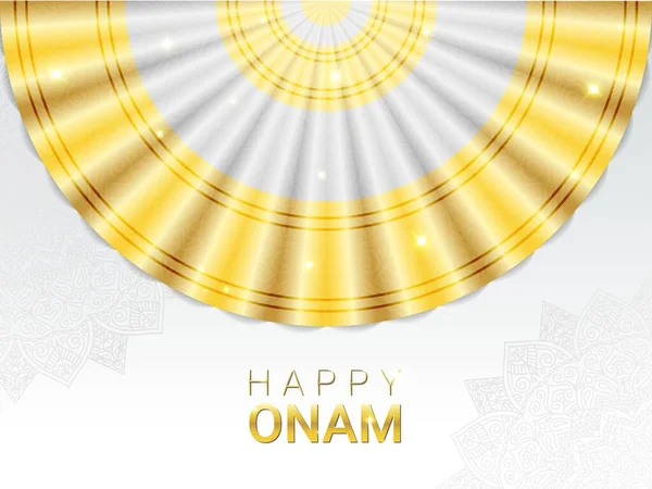 Happy Onam горизонтальний прапор шаблон. Фестиваль Гінду святкується в пам'ять про короля Махабалі з боку малайців. Традиційне біле та золоте сарі для танцю Тіруватіракалі та прикраси мандали.. — стоковий вектор