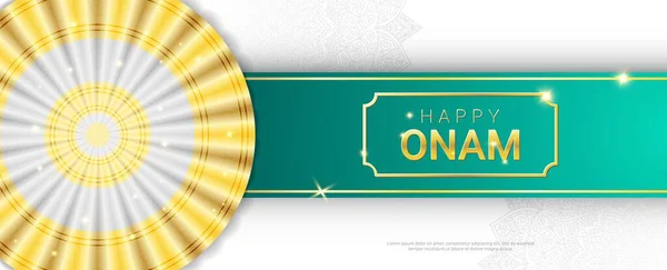 Happy Onam λαμπερά χρυσά γράμματα οριζόντιο πρότυπο πανό. Συγκομιδή Ινδουιστικό φεστιβάλ Μαλαισίας άνθρωποι γιορτάζουν στην Κεράλα. Παραδοσιακό Thiruvathirakali χορό λευκό και χρυσό σάρι και μαντάλα στολίδι. — Διανυσματικό Αρχείο
