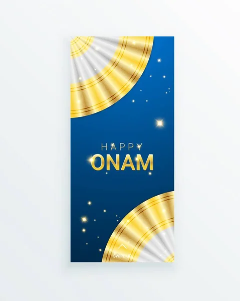 Feliz Onam brillantes letras de oro plantilla historia vertical. Fiesta hindú de la cosecha El pueblo malayo celebra en Kerala. Tradicional Thiruvathirakali danza sari blanco y oro sobre fondo azul . — Vector de stock