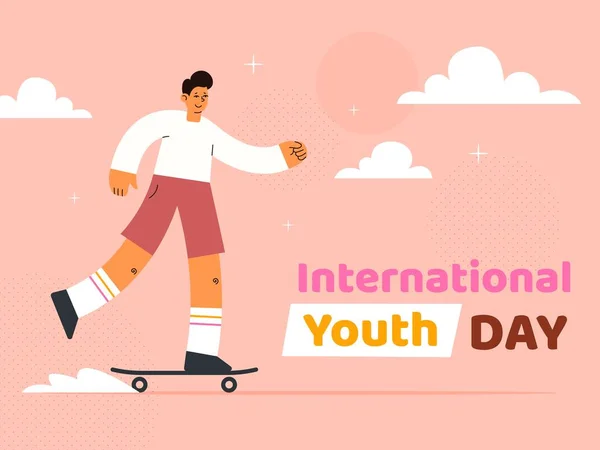 Templat banner horizontal Hari Pemuda Internasional. Pria muda dengan kaos dan celana pendek di skateboard dengan awan dan elemen dekoratif dengan gaya flat modern. Remaja dan pemuda perayaan. - Stok Vektor