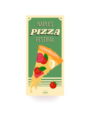 Napoli Pizza Festivali sosyal medya hikaye afişi şablonu. Sosisli, domatesli, mantarlı, peynirli ve fesleğenli bir dilim pizza. Ünlü yemek festivalleri.